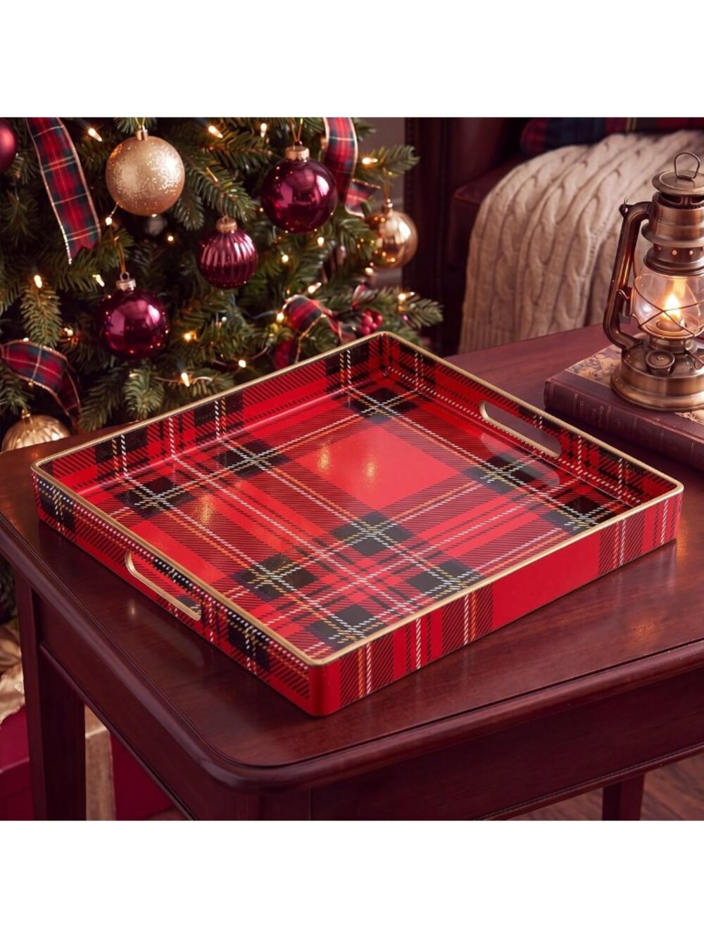 Festive Square Tartan Plaid Serving Tray with Handles - Perfect for Christmas!